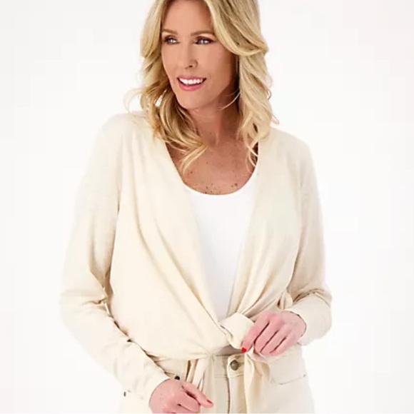 Belle Kim Gravel Women’s Slub Knit Tie Front Shrug Top Cream Plus Size 1X - Picture 1 of 12